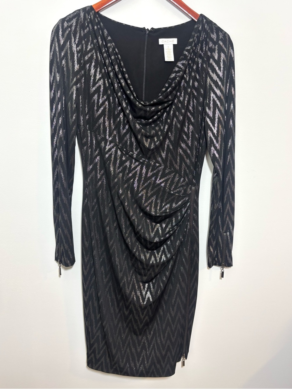 Cache Metallic Chevron Cowl Neck Ruched Dress Mini Y2K Glam S Made in USA